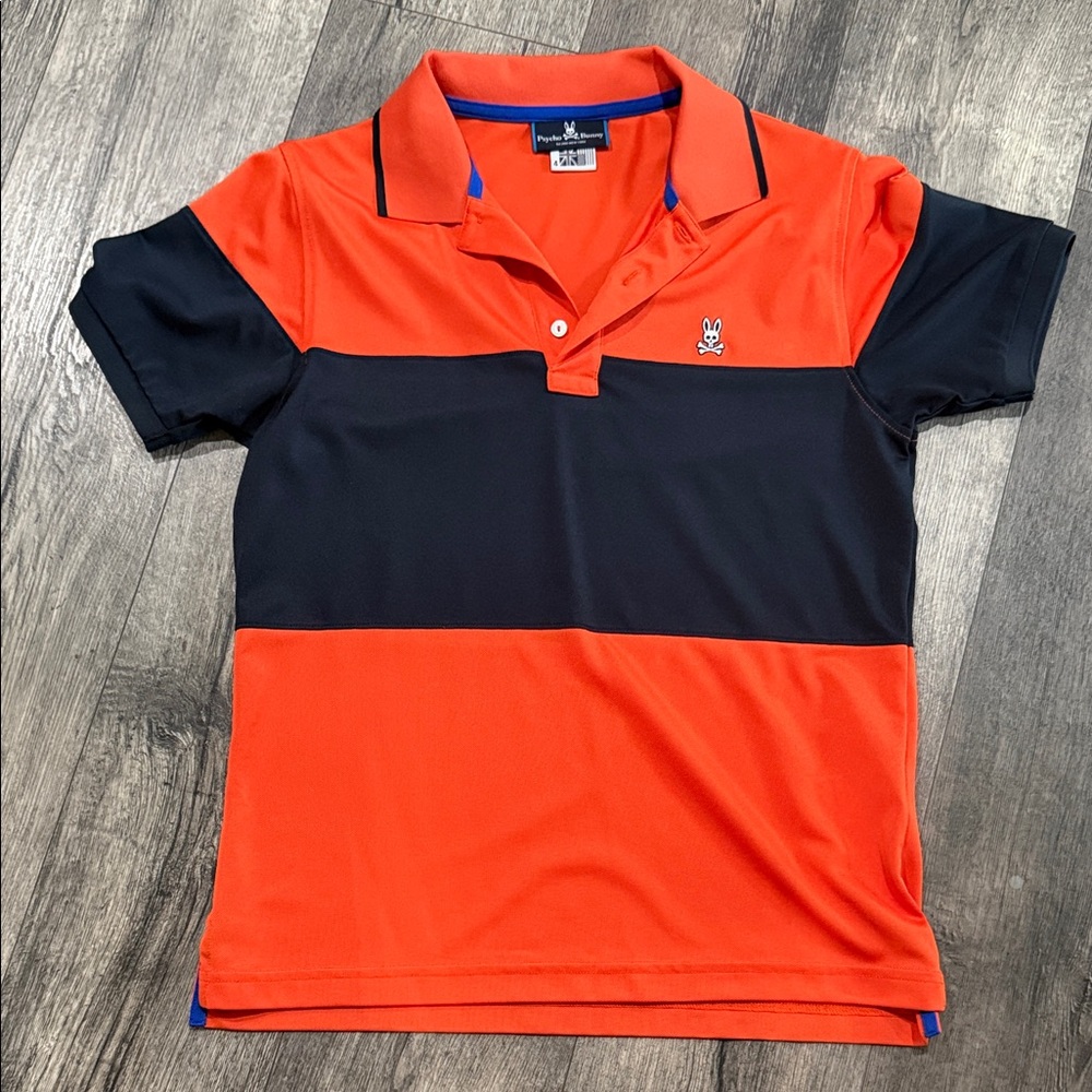 Psycho Bunny Orange and Navy Wide Stripe Polo